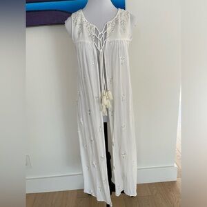 MINKAS Sleeveless Swimsuit Coverup Tassel Tie Front Silver Embellishment Duster